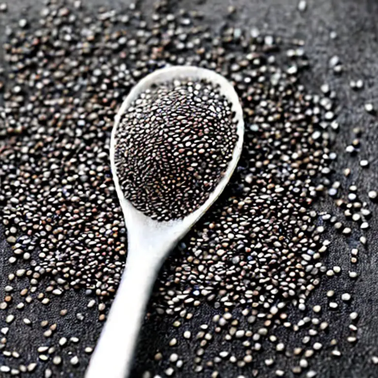 Chia seeds on a spoon and table